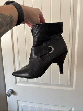 Black Genuine Leather Pointed Toe Ankle Boots Heels Size 38